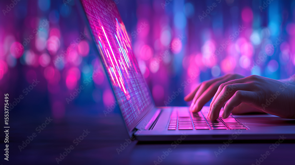 Aufkleber hands are actively typing on a laptop keyboard, illuminated by colorful neon lights in the backgroun