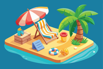 Obraz premium Bright beach objects in fun cartoon style displayed on an isolated tropical island with a relaxing atmosphere during a sunny day