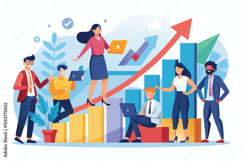 Poster business growth concept involving diverse professionals collaborating to enhance strategies and perf