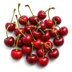Fresh Red Cherries Gathered Together on White Background, Showcasing Their Natural Color and Texture