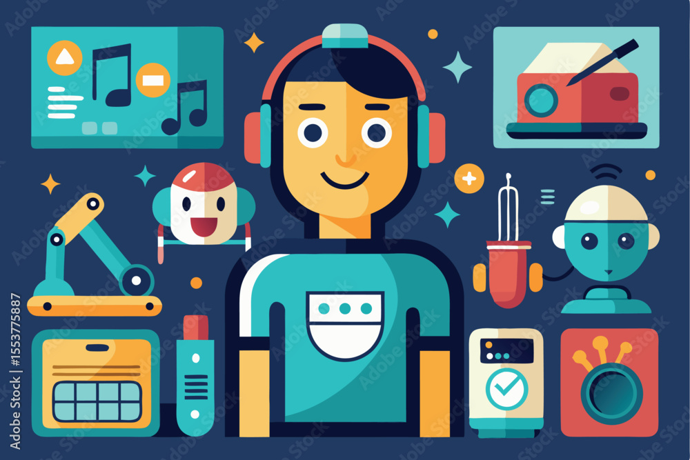 Poster robotic icons depicting various technologies, tools, and devices surrounding a stylized character en