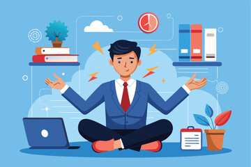 Fototapeta premium Business man practicing stress reduction techniques in a modern office environment on a peaceful day