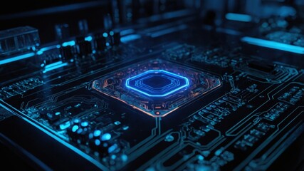 Fototapeta premium Close-up View of a Glowing Microchip on a Circuit Board With Blue Neon Lights Highlighting Intricate Details