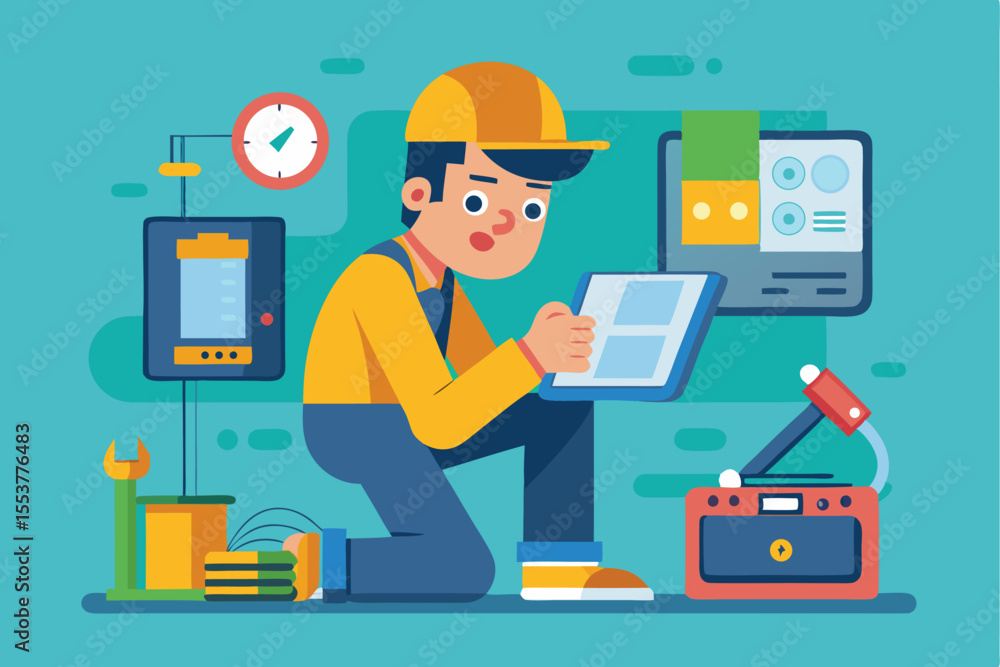 Poster man checking device for repair in a colorful workshop environment with various tools and gauges arou