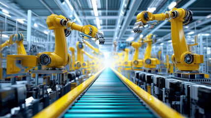 Robotic arms work efficiently on a production line within a high-tech factory. The workspace is illuminated, showcasing the advanced manufacturing technology and streamlined process in use