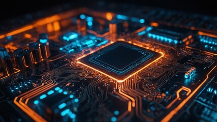 Obraz premium Close-up View of a Futuristic Circuit Board Illuminated by Orange and Blue Lights Showcasing Intricate Details of Technology and Design
