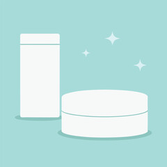 Clean and simple illustration of two white cosmetic containers a tall bottle and a round jar on a bright turquoise background with sparkling stars