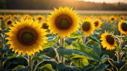 Fototapeta premium Sunflowers Bloom Vibrantly in a Golden Field During Sunset Highlighting Nature's Beauty in Full Splendor