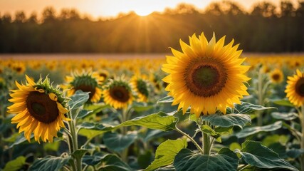 Sunflowers Bloom in Vibrant Field at Sunset, Capturing Nature's Beauty and Tranquility During Golden Hour in Summer