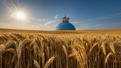 Golden Wheat Field Surrounds a Serene Blue Dome Church Under a Bright Sun in a Rural Landscape During Late Afternoon