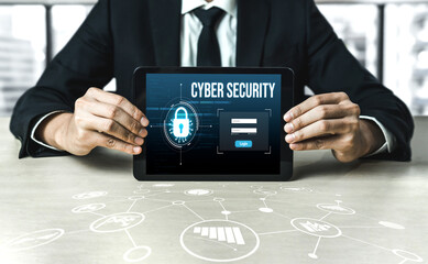 Cyber security system on computer screen protect private information snugly from hacker and cyber...