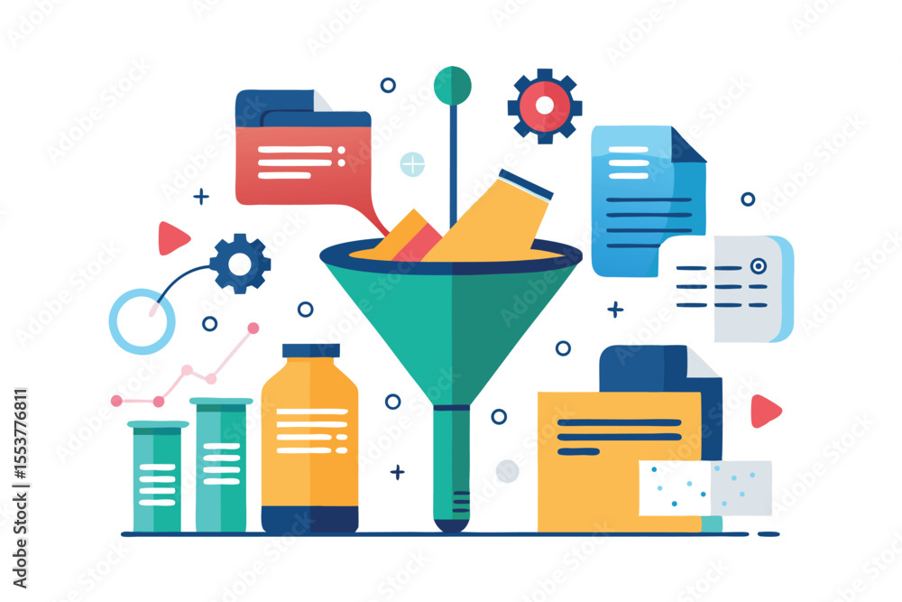 Poster data gathering and processing concept with funnel design showcasing various elements of analytics, r