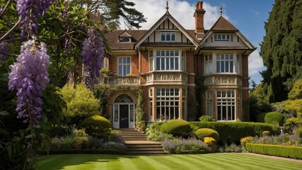 Beautiful Historic Mansion Surrounded by Vibrant Gardens During a Sunny Day in a Tranquil Setting With Blooming Flowers and Lush Greenery