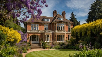 Beautiful Historic Mansion Surrounded by Vibrant Gardens and Blossoming Trees in Bright Daylight