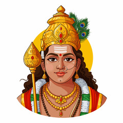 Colorful illustration of Lord Murugan, Hindu deity, son of Shiva and Parvati.  Depiction shows Murugan with peacock feathers, golden crown, and traditional attire.