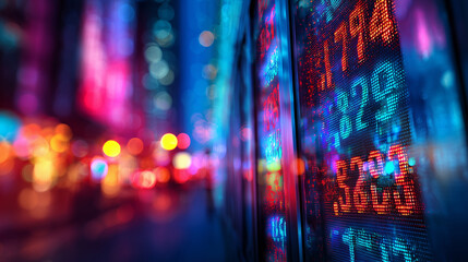 Bright lights from financial tickers display stock prices against a vibrant city backdrop at night. People pass by the glowing signs, creating a lively atmosphere filled with color and energy