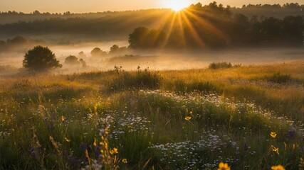 Golden Sunrise Over Misty Meadow With Wildflowers and Gentle Hills in the Early Morning Light