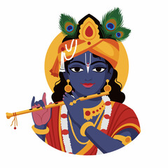 Fototapeta premium Lord Krishna illustration, Hindu deity playing flute, vibrant colors, detailed attire, peacock feathers, spiritual icon. Krishna image features intricate jewelry, dark blue skin tone,