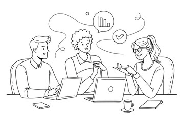 Creative team collaborates on project in a modern office space discussing ideas and strategies while using laptops during a brainstorming session