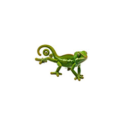 Obraz premium Vibrant green chameleon perched with curled tail keenly looking ahead Beautifully isolated on a clean white background