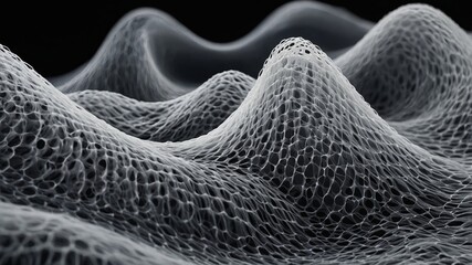 Complex Network of Interconnected Particles Shows Dynamic Movement in a Minimalist Black Background Environment, Evoking a Sense of Depth and Texture