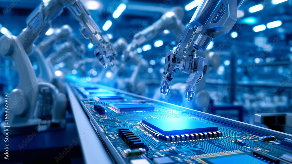 Aufkleber sophisticated robotic arms work diligently on a production line, assembling microchips with precisio