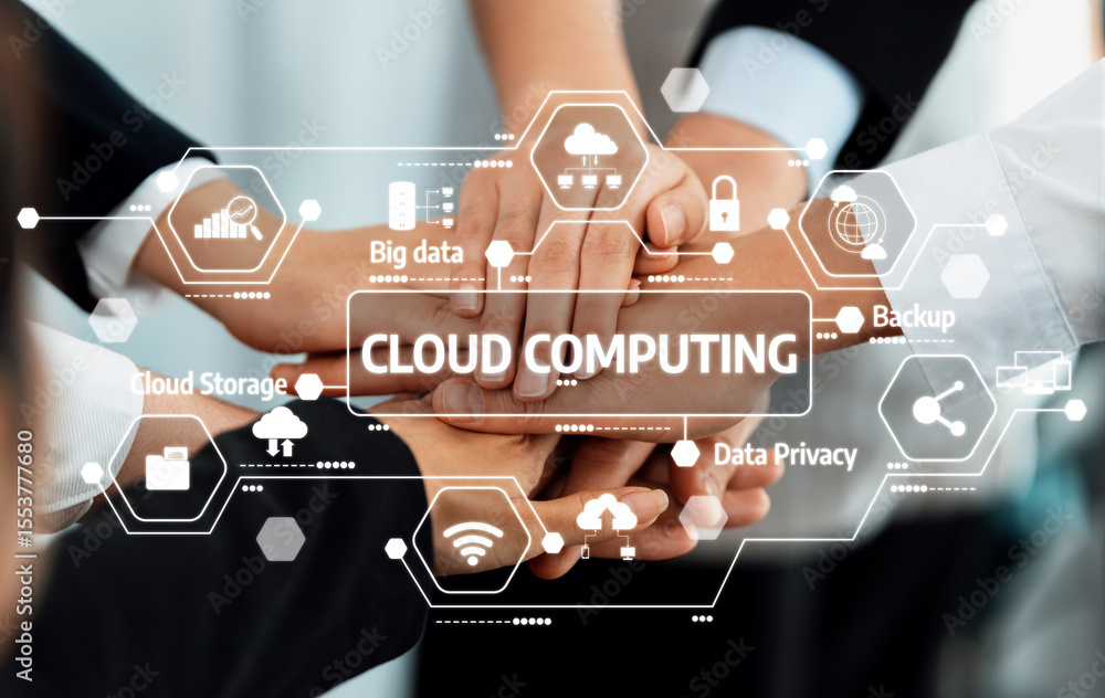 Poster hands come together to represent teamwork in cloud computing, highlighted by digital icons symbolizi
