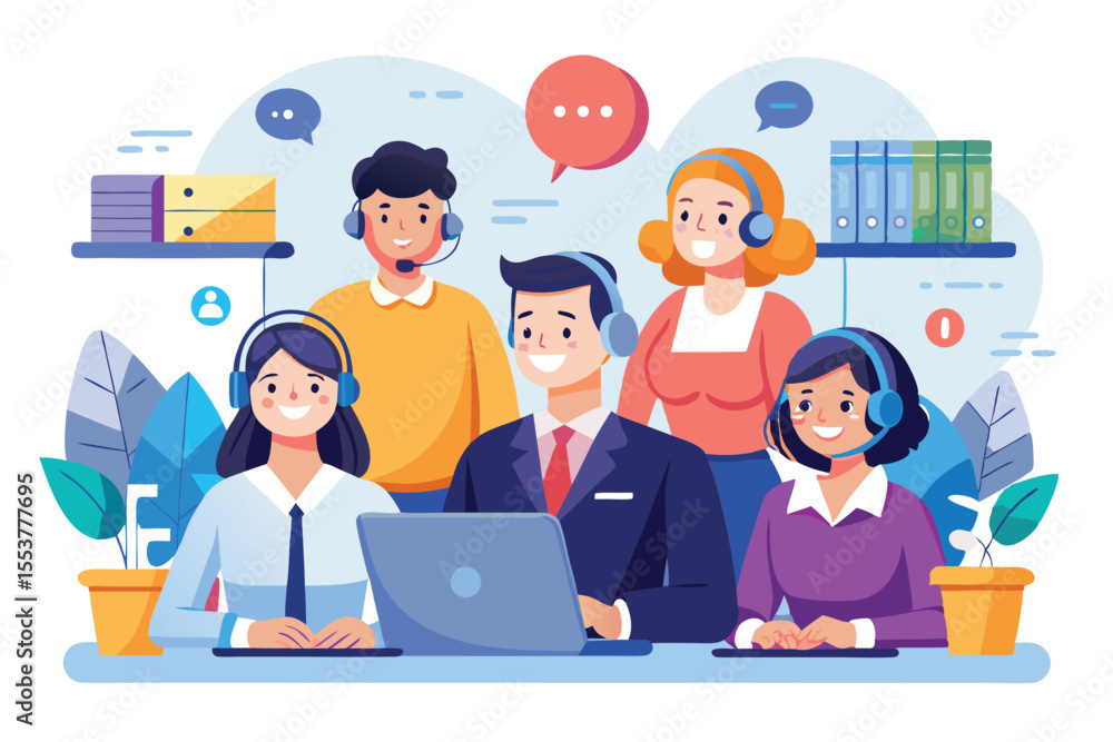 Poster customer service hotline operators consult customers and collaborate effectively in a busy office en