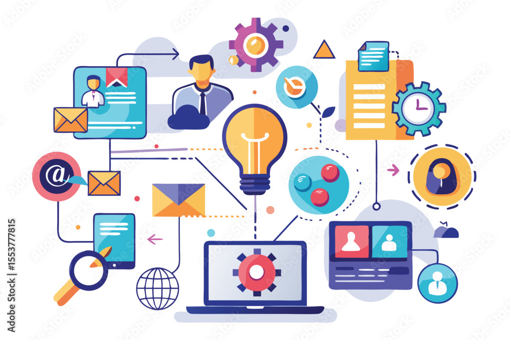 Poster innovation integration process illustrated with digital tools and collaboration elements in a colorf