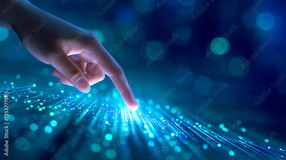 Poster a hand reaches out to touch glowing blue particles, creating a connection in a vibrant digital realm