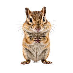 Adorable chipmunk with striped fur and cheeks stuffed full standing on hind legs with front paws raised Isolated on a white background