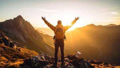 Man with raised arms enjoying sunrise in mountains. Generated image