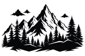 Black and white wall art depicting a majestic mountain range surrounded by pine trees under a cloudy sky