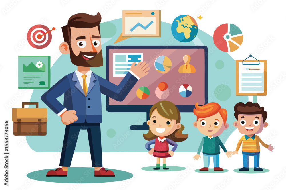 Poster dynamic presentation featuring an engaging teacher and enthusiastic students with visual aids in a c