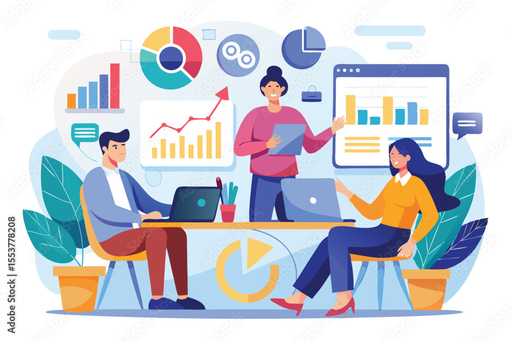 Poster business data analysis team collaborates in an office meeting focusing on strategy and performance m