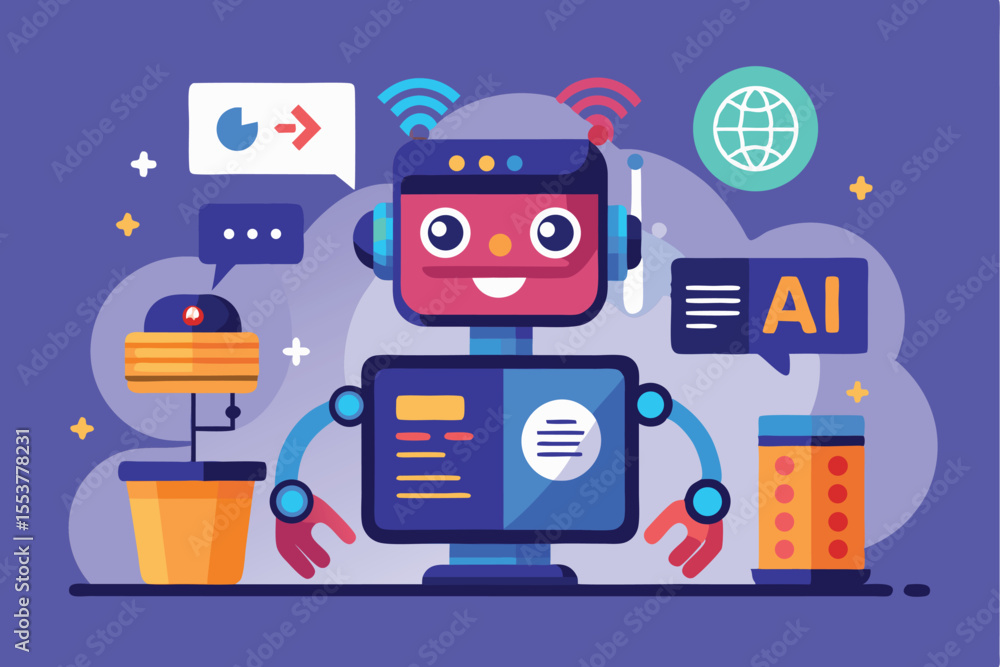 Poster innovative ai robot carries out automated tasks in a vibrant digital workspace filled with smart tec