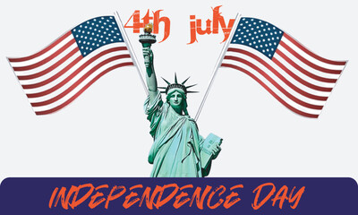 The patriotic American flag waves proudly beside the Statue of Liberty, a symbol of freedom for the United States