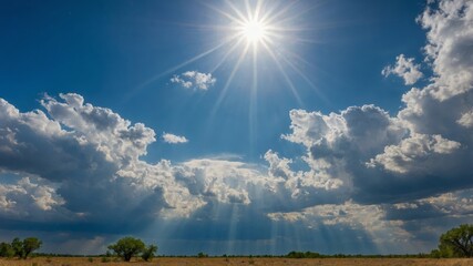 Bright Sun Above Scattered Clouds in an Expansive Sky During Midday Over a Tranquil Landscape
