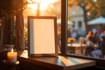 Blank wooden photo frame mockup on a cozy cafe windowsill with a warm, golden hour street view, A blank frame for text or art in a warm and inviting coffee shop