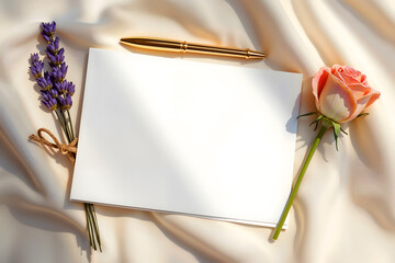 Elegant stationery mockup with a blank card, pink rose, golden pen, and lavender on soft silk fabric, invitaton with fresh flowers and natural sunlight