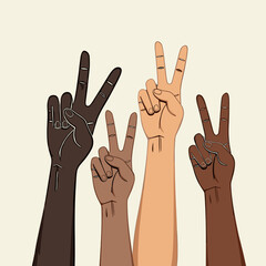 Fototapeta premium Hands raising peace signs with diverse skin tones on neutral background 