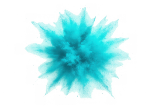 Turquoise powder bursting dynamically, spreading colorful particles against transparent background, highlighting graphic design potential with vivid energy