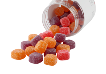 Vibrant Gummies Spilling from a Jar A Delightful CloseUp isolated on transparent background