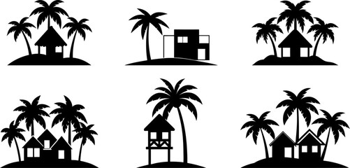 Minimal Beach Cabins and Palm Tree Silhouettes on White