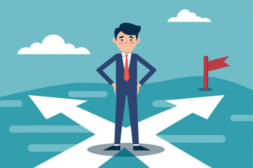 Businessman stands at crossroads contemplating decisions in a vibrant landscape with clear skies and directional arrows