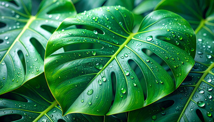 Obraz premium Lush green monstera leaves glisten with water droplets, showcasing their unique split patterns and vibrant color, creating refreshing tropical