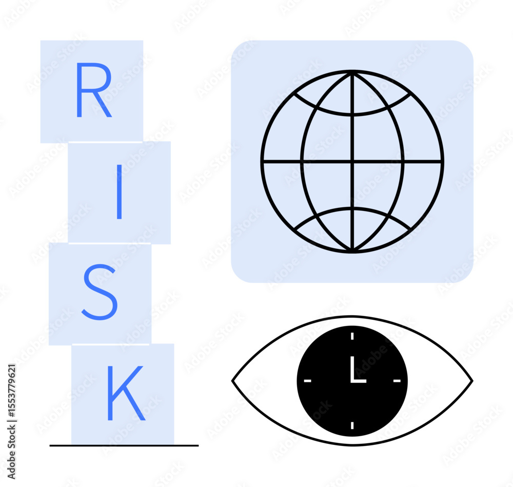 Aufkleber stacked blocks forming risk, globe symbol representing global scope, and clock-eye for vision and ti