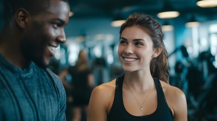Two fitness enthusiasts share a smile in a modern gym, fostering a sense of community and well-being during their workout session.