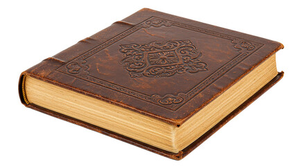 Obraz premium Close-up of an antique leather book, featuring intricate embossed details and aged pages.