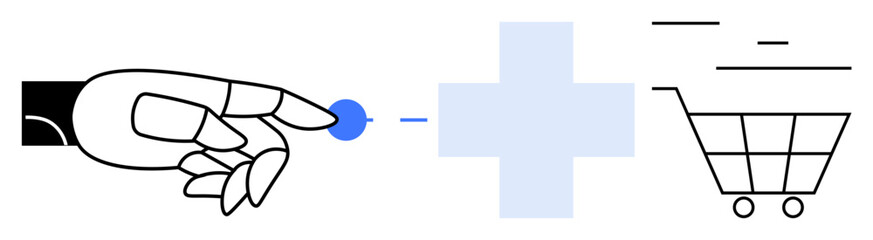 Robotic hand touches blue dot near medical cross and shopping cart, symbolizing tech in healthcare, automation, AI, and online retail. Ideal for innovation, healthcare, tech, automation e-commerce
